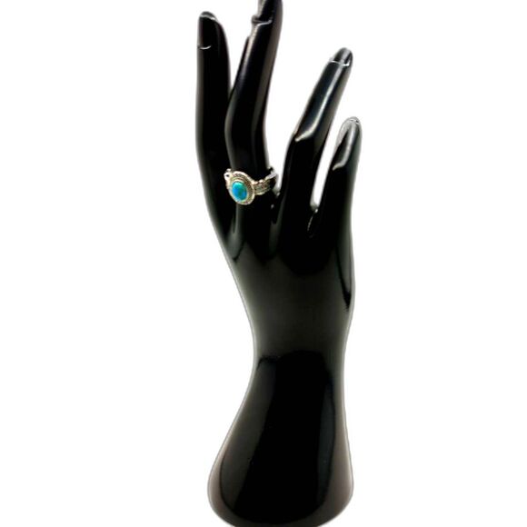 Turquoise Ring - Silver Feather Band - Southwest Coastal Cowgirl - Size 9 - Picture 3 of 3